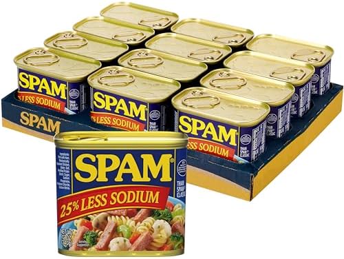 Canned SPAM spiced meat with 25% less sodium, 12 oz can, shelf-stable protein food, stacked in a package.