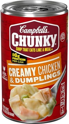 Campbell’s Chunky Creamy Chicken and Dumplings Soup can with a label showing the soup inside a bowl.
