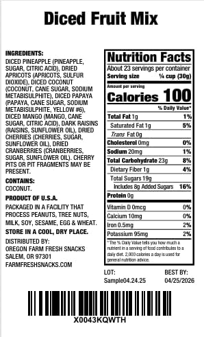 Oregon Farm Fresh Snacks dried fruit mix with cranberries, coconut, and mango in a 24 oz package.