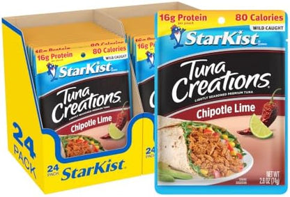 StarKist Tuna Creations Chipotle Lime packaged tuna fish pouch, 2.6oz, 24-pack with colorful label and foil pouch design.