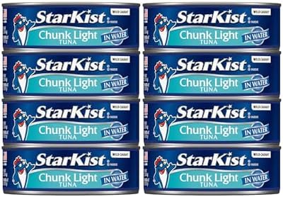 Eight 5oz cans of StarKist Chunk Light Tuna in Water for pantry storage, featuring pull-tab lids and label details.