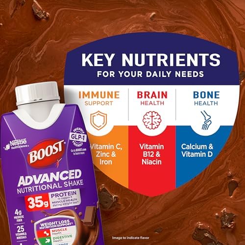 Boost Advanced Nutritional Protein Shake in chocolate flavor, 12-11 fl oz cartons, rich in protein and essential nutrients.