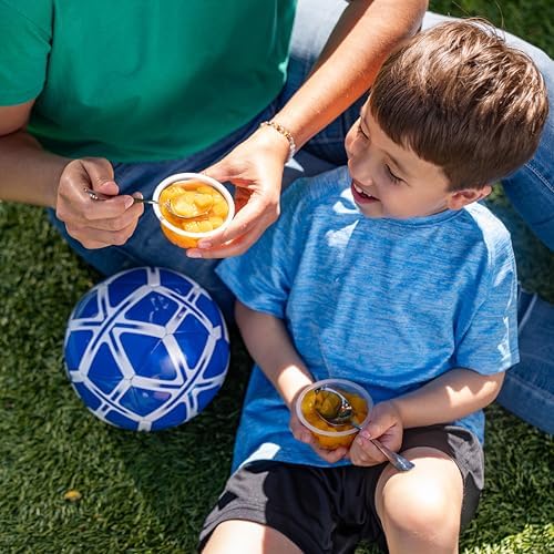Dole Fruit Bowls diced peaches in 4oz cups, image shows 24 ready-to-eat fruit snack cups with peach slices visible inside.