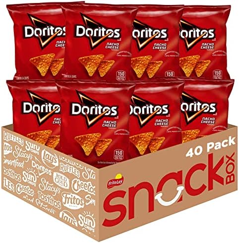 Doritos Nacho Cheese flavored tortilla chips in a 1-ounce pack, 40-count bag, crispy snack with vibrant orange cheese coating