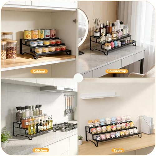 Expandable Attelite metal can organizer with three tiers for pantry canned food storage, adjustable to fit various space sizes.
