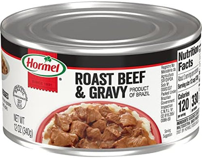Canned Hormel Roast Beef & Gravy in 12-ounce cans, featuring savory beef slices with rich gravy, packed in a box of 12.