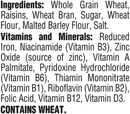 Post Raisin Bran cereal box with whole grain wheat and bran flakes, featuring raisins on the front.