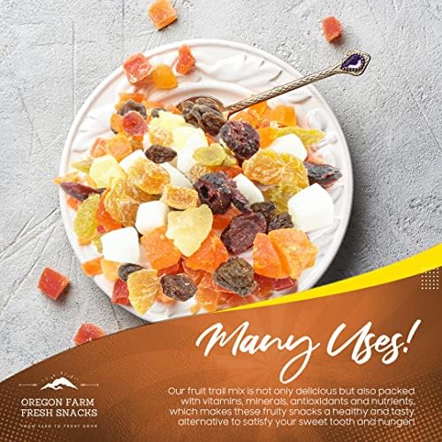 Oregon Farm Fresh Snacks dried fruit mix with cranberries, coconut, and mango in a 24 oz bag, showing colorful dried fruit pieces.