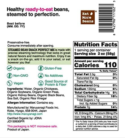 Organic steamed bean snack by Eat More Beans, showing a colorful mix of healthy, crunchy bean snacks in 10 individual packs.
