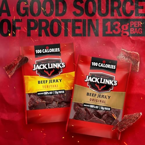 Jack Link's Beef Jerky Variety Pack with original and teriyaki flavors in 1.25 oz packs, showcasing the flavorful jerky pieces.