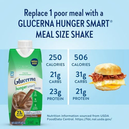 Glucerna Hunger Smart diabetic meal replacement shake in classic chocolate flavor, 16 fl oz bottle, 12-pack, supports blood sugar management.