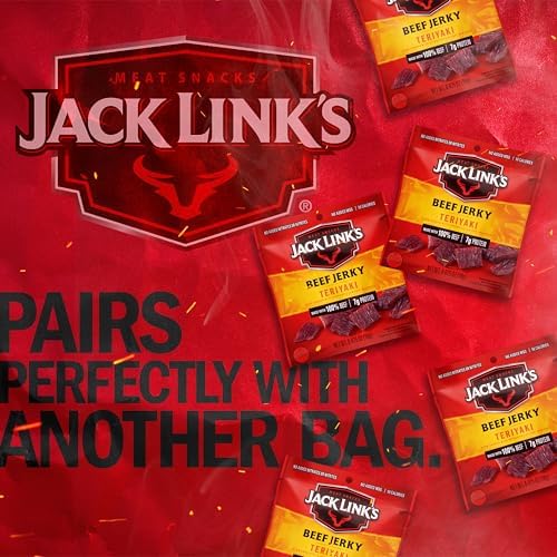 Jack Link's Teriyaki Beef Jerky Multipack with five 0.625 oz packs, featuring savory, glazed beef jerky in individual servings.