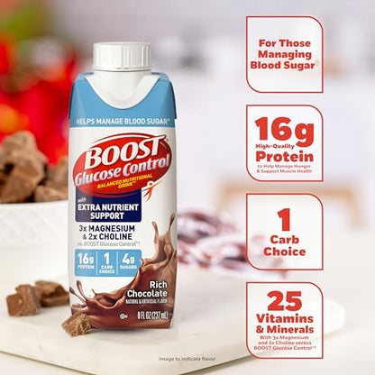 BOOST Glucose Control chocolate protein drink in an 8 fl oz bottle, ready-to-drink nutritional beverage with a chocolate flavor.