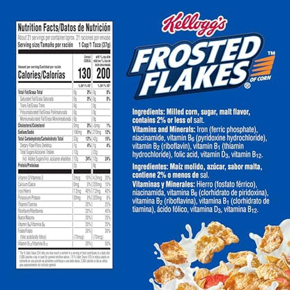 Kellogg's Frosted Flakes original giant size cold breakfast cereal box with colorful cereal flakes and branding.