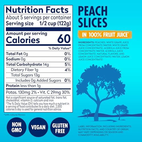 Canned Dole sliced peaches in jars, 23.5 oz each, arranged in an 8-pack, showcasing fresh, ripe peach slices inside transparent jars.