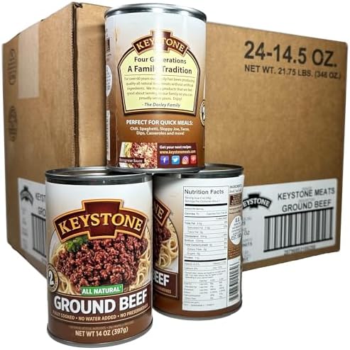 Canned Keystone Ground Beef, fully cooked and ready to eat, in a 14 oz can, ideal for pantry meals and emergency food supplies