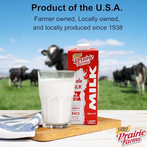 Prairie Farms Whole Milk shelf-stable boxed UHT milk with Vitamin D, preservative-free, gluten-free, and kosher, 1 quart pack.