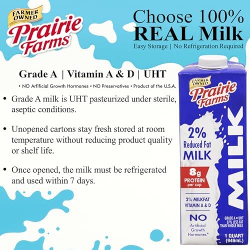 Prairie Farms 2% milk in a boxed, shelf-stable 1-quart pack, showing the white milk carton with label details.