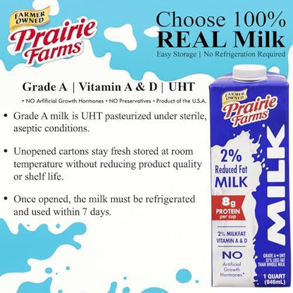 Prairie Farms 2% milk in a boxed, shelf-stable 1-quart pack, showing the white milk carton with label details.