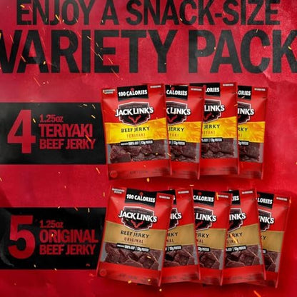 Jack Link's Beef Jerky Variety Pack with original and teriyaki flavors, 9 packs of 1.25 oz each, displayed in a clear gift box.