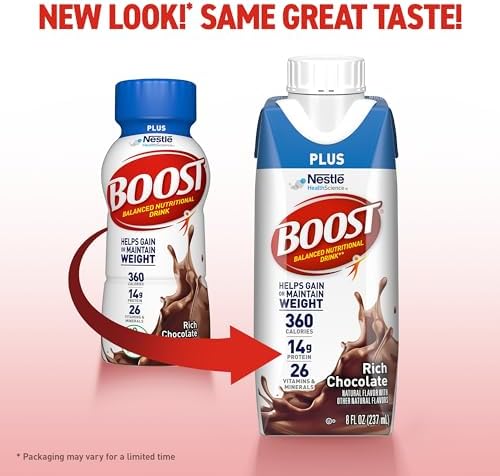 BOOST Plus Rich Chocolate Protein Drink, ready-to-drink nutritional beverage in a 24-pack, ideal for on-the-go nutrition.