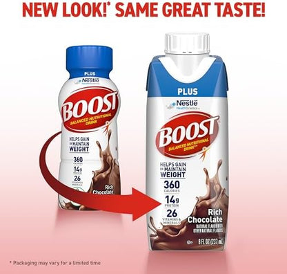 BOOST Plus Rich Chocolate Protein Drink, ready-to-drink nutritional beverage in a 24-pack, ideal for on-the-go nutrition.