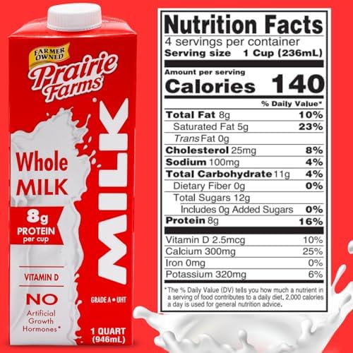 Prairie Farms whole shelf stable milk carton, 1 quart, vitamin D, preservative-free, gluten-free, kosher, made in USA, four-pack