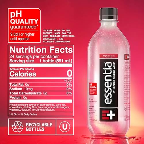 Essentia Ionized Alkaline Water bottle with 20oz label, showcasing 9.5+ pH and pure mineral content from Essentia Water LLC.