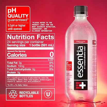 Essentia Ionized Alkaline Water bottle with 20oz label, showcasing 9.5+ pH and pure mineral content from Essentia Water LLC.