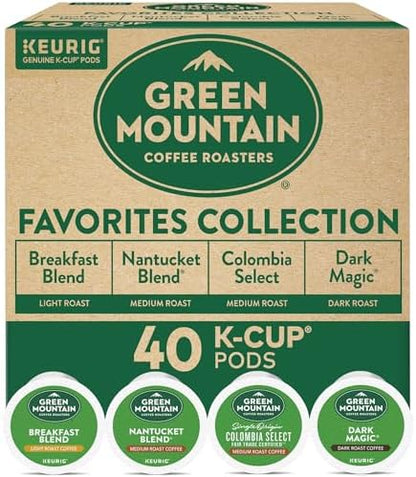 Green Mountain Coffee Roasters Favorites Collection K-Cup coffee pods with assorted flavors in colorful packaging.