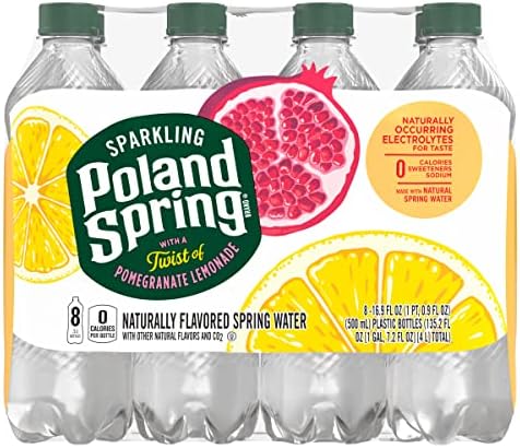 Poland Spring sparkling water bottles with pomegranate lemonade flavor, 16.9 oz, pack of 8, showing bottles with colorful label