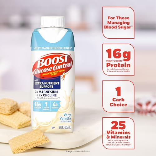 BOOST Glucose Control vanilla protein drink in an 8 fl oz bottle, ready-to-drink nutritional beverage with a vanilla flavor.