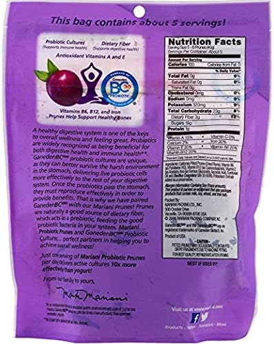 Mariani Premium probiotic dried prunes with BC30 cultures in a 7 oz bag, supporting digestion and immune health.