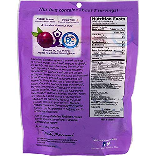 Mariani Premium probiotic dried prunes with BC30 cultures in a 7 oz bag, supporting digestion and immune health, healthy dried fruit snack