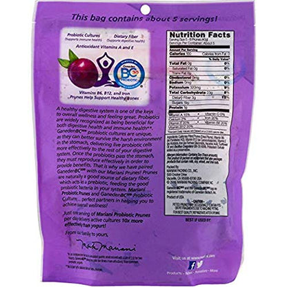 Mariani Premium probiotic dried prunes with BC30 cultures in a 7 oz bag, supporting digestion and immune health, healthy dried fruit snack