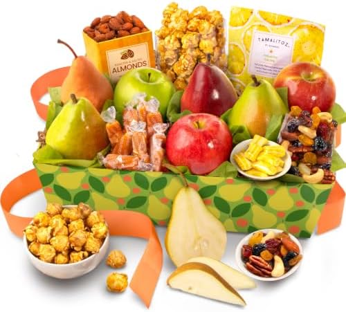 Fresh fruit gift basket by A Gift Inside featuring pears, apples, mixed fruit, nuts, and sweet snacks in a stylish gift box.