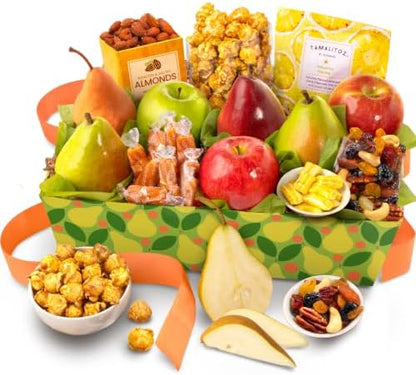 Fresh fruit gift basket by A Gift Inside featuring pears, apples, mixed fruit, nuts, and sweet snacks in a stylish gift box.