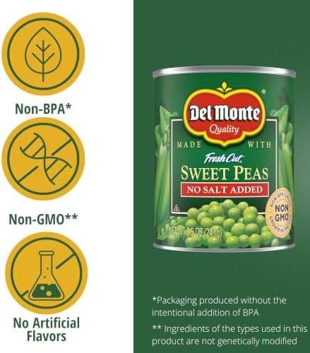 Canned Del Monte sweet peas with no salt added, 8.5-ounce can, stacked in a pack of 12, showing fresh green peas inside the can