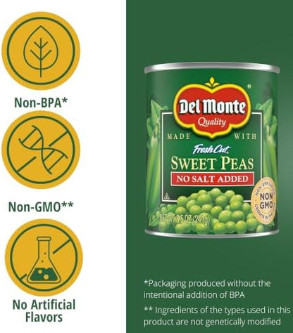 Canned Del Monte sweet peas with no salt added, 8.5-ounce can, stacked in a pack of 12, showing fresh green peas inside the can