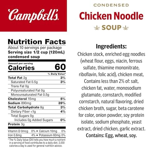 Four 10.75 oz cans of Campbell’s condensed chicken noodle soup stacked, showing the Campbell's brand logo on the labels.