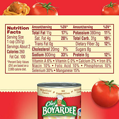 Four cans of Chef Boyardee Spaghetti and Meatballs, 14.5 oz each, stacked showing the label on a packaged pasta product.