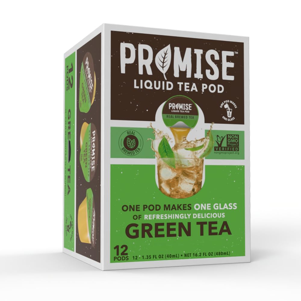 Java House Promise Real Brewed Green Tea in a clear glass bottle with fresh green tea leaves visible inside.