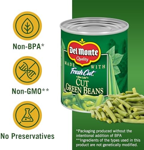 Canned green beans by Del Monte, fresh cut blue lake variety, 14.5 oz cans, shown in a 4-pack bundle.