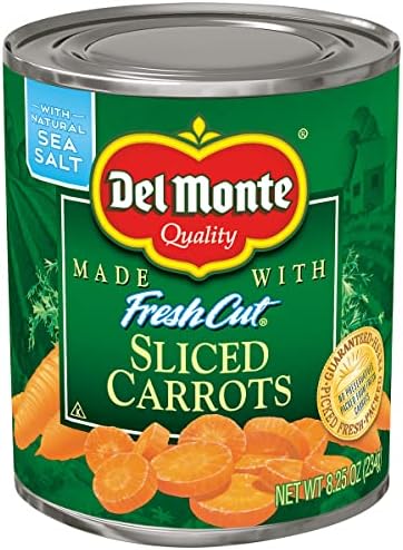 Pack of 12 Del Monte sliced carrots in 8.25-ounce prepackaged containers, fresh and ready to eat.