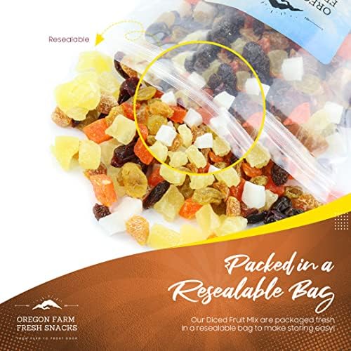 Oregon Farm Fresh Snacks dried fruit mix with cranberries, coconut, and mango in a 24 oz bag, vibrant and colorful fruit pieces.