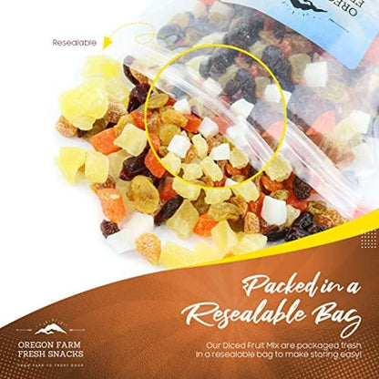 Oregon Farm Fresh Snacks dried fruit mix with cranberries, coconut, and mango in a 24 oz bag, vibrant and colorful fruit pieces.