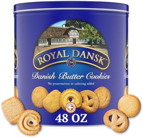 Royal Dansk Danish butter cookies in a 48 oz tin, assorted snacks made with real butter, crispy and golden baked treats.