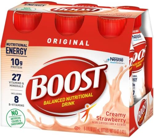 Boost Original Nutritional Drink in creamy strawberry flavor, 8 oz bottle, pack of 24 bottles.