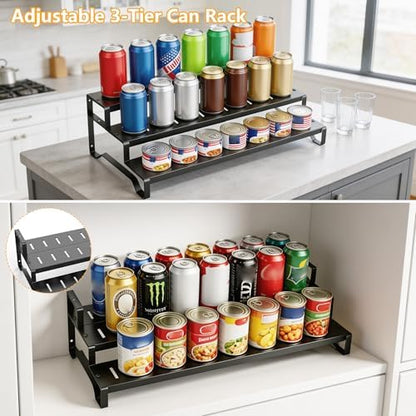 Expandable Attelite can organizer with three metal tiers for pantry canned food storage and organization.