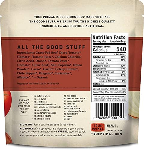 True Primal Beef Chili 8-pack, gluten-free, paleo, keto, ready-to-eat packaged chili with grass-fed beef.